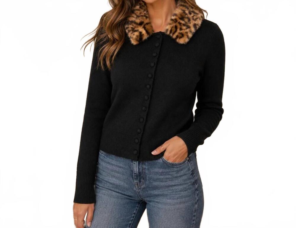 NEW RD STYLE knit cardigan with detachable leopard faux fur collar in black